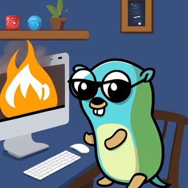 Go Blue Gopher is coding and encounters a nil pointer exception. Meanwhile, his PC starts burning.