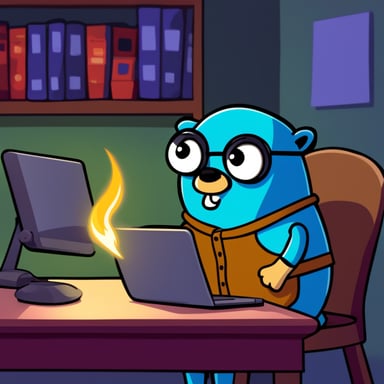 Go Blue Gopher is coding and encounters a nil pointer exception. Meanwhile, his PC starts burning.