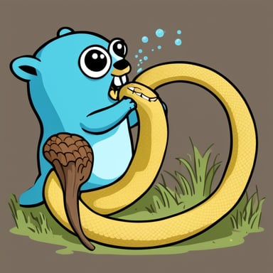 Go Blue Gopher eats a yellow-blue large Python snake.