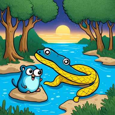 Go Blue Gopher eats a yellow-blue large Python snake.