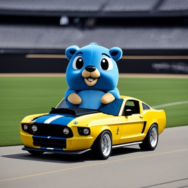Go Blue Gopher, sitting in a black Ford Mustang Shelby GT 500.