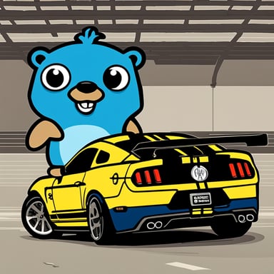 Go Blue Gopher, sitting in a black Ford Mustang Shelby GT 500.