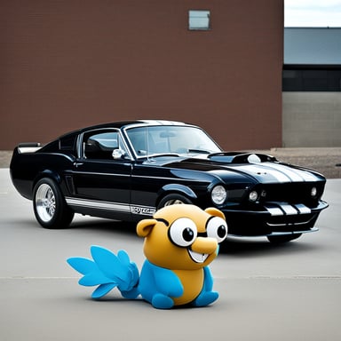 Go Blue Gopher, sitting in a black Ford Mustang Shelby GT 500.