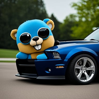 Go Blue Gopher, sitting in a black Ford Mustang Shelby GT 500.