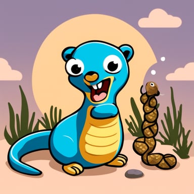 Go Blue Gopher eats a yellow-blue large Python snake.