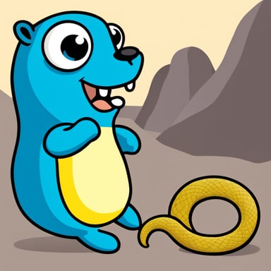 Go Blue Gopher eats a yellow-blue large Python snake.