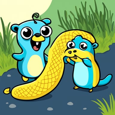 Go Blue Gopher eats a yellow-blue large Python snake.