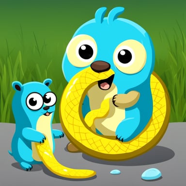 Go Blue Gopher eats a yellow-blue large Python snake.