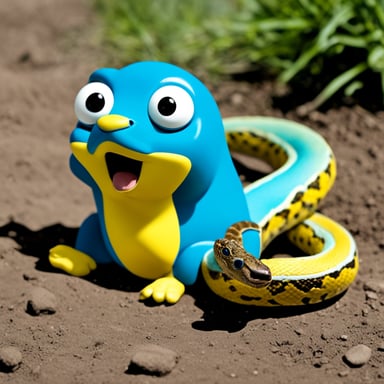 Go Blue Gopher eats a yellow-blue large Python snake.