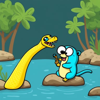 Go Blue Gopher eats a yellow-blue large Python snake.