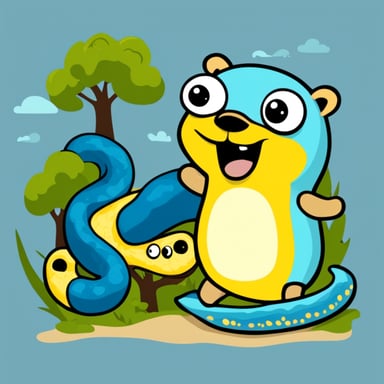 Go Blue Gopher eats a yellow-blue large Python snake.