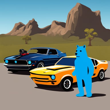 Start from scratch. Go Blue Gopher is standing near the Knight Rider, a black Mustang GT muscle car.