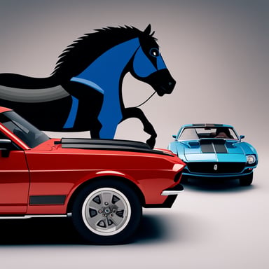 Start from scratch. Go Blue Gopher is standing near the Knight Rider, a black Mustang GT muscle car.