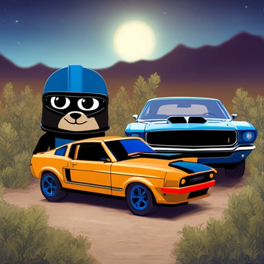 Start from scratch. Go Blue Gopher is standing near the Knight Rider, a black Mustang GT muscle car.