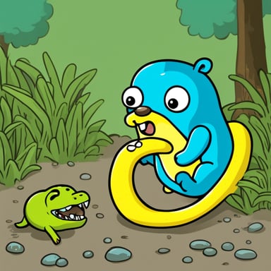 Go Blue Gopher eats a yellow-blue large Python snake.