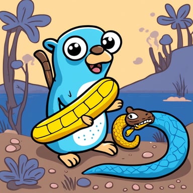 Go Blue Gopher eats a yellow-blue large Python snake.