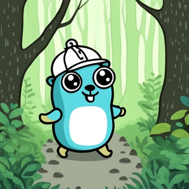 Go Blue Gopher, a pride in white, walking through the forest on a rainy day.