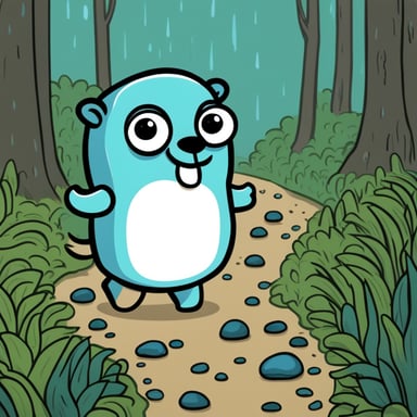 Go Blue Gopher, a pride in white, walking through the forest on a rainy day.
