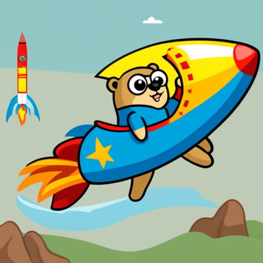 Go Blue Gopher is riding on the rocket like Superman.