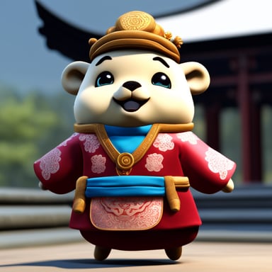 A Go Blue Gopher dressed in Chinese clothing, featuring a realistic outfit from Unreal Engine.