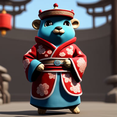 A Go Blue Gopher dressed in Chinese clothing, featuring a realistic outfit from Unreal Engine.
