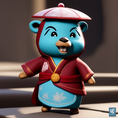 A Go Blue Gopher dressed in Chinese clothing, featuring a realistic outfit from Unreal Engine.