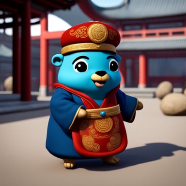 A Go Blue Gopher dressed in Chinese clothing, featuring a realistic outfit from Unreal Engine.