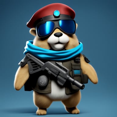 A Go Blue Gopher dressed in futuristic soldier clothing, featuring a realistic outfit inspired by Unreal Engine games.