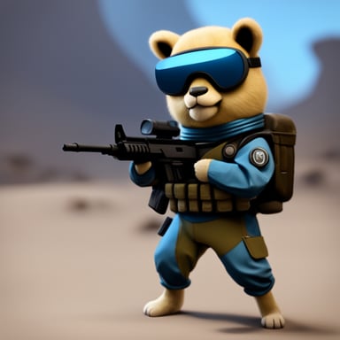 A Go Blue Gopher dressed in futuristic soldier clothing, featuring a realistic outfit inspired by Unreal Engine games.