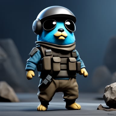 A Go Blue Gopher dressed in futuristic soldier clothing, featuring a realistic outfit inspired by Unreal Engine games.