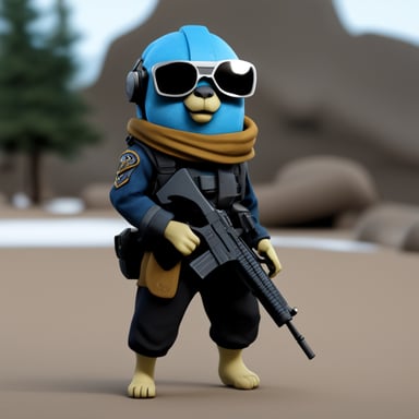 A Go Blue Gopher dressed in futuristic soldier clothing, featuring a realistic outfit inspired by Unreal Engine games.