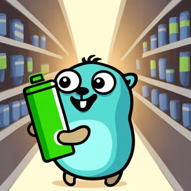 Go blue gopher holding a green battery in its hands.