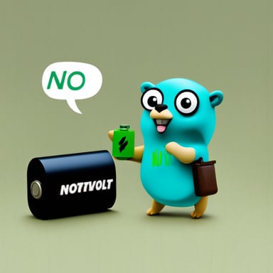 Go blue gopher holding a green battery that says Northvolt.
