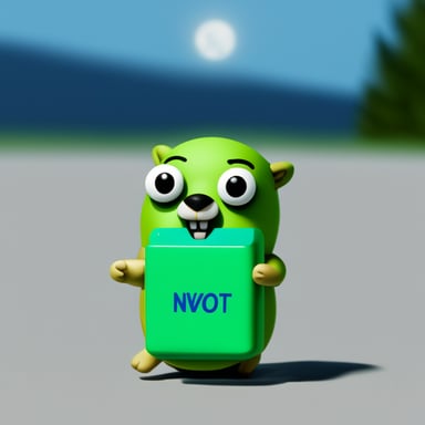 Go blue gopher holding a green battery that says Northvolt.