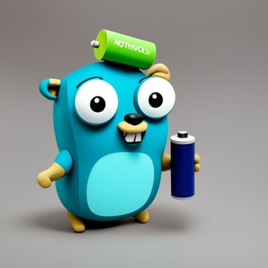 Go blue gopher holding a green battery that says Northvolt.