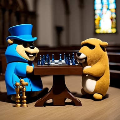 Go blue gopher and another gopher playing chess inside a church.