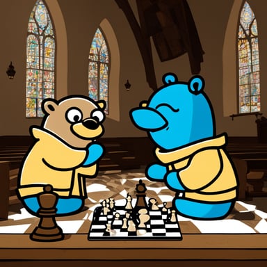 Go blue gopher and another gopher playing chess inside a church.