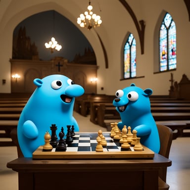 Go blue gopher and another gopher playing chess inside a church.