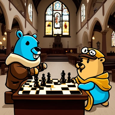 Go blue gopher and another gopher playing chess inside a church.