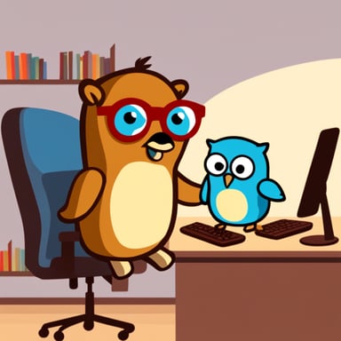 Go Blue Gopher is coding at a computer with an owl at its side.