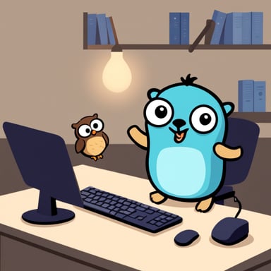 Go Blue Gopher is coding at a computer with an owl at its side.