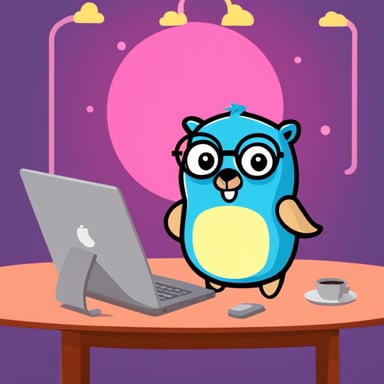 Go Blue Gopher is coding at a computer with an owl at its side.
