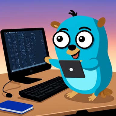 Go Blue Gopher is coding at a computer with an owl at its side.