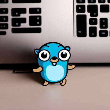 Go Blue Gopher in front of a MacBook Pro.