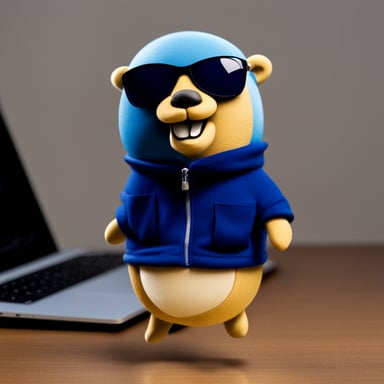 Go Blue Gopher in front of a MacBook Pro.