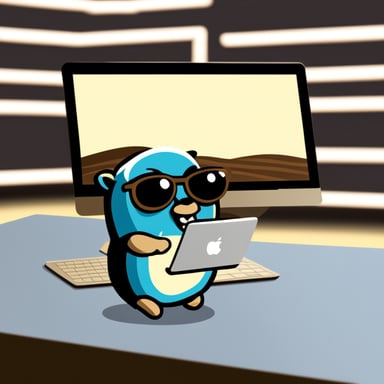 Go Blue Gopher in front of a MacBook Pro.