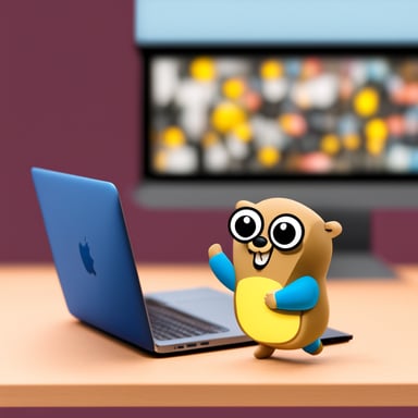 Go Blue Gopher in front of a MacBook Pro.