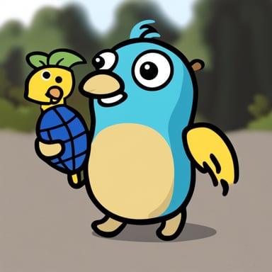 Go Blue Gopher holding a toucan in its arm.
