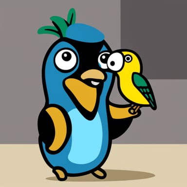 Go Blue Gopher holding a toucan in its arm.
