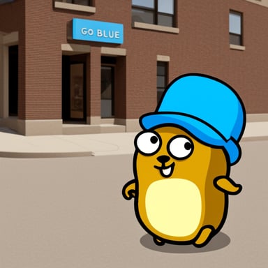 Go Blue Gopher with Pogo written on his hat.